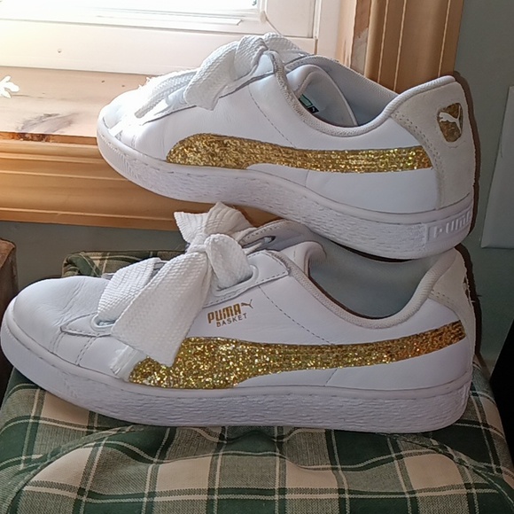 Clean! Leather PUMA Gold Glitter Women's Size 8.5 Sneakers Shoes - Picture 3 of 7